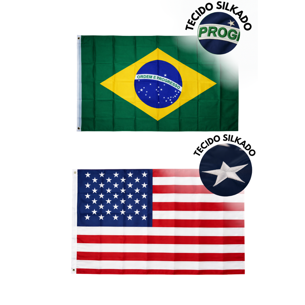 Kit Bandeiras Brasil E Usa 100% Silkadas 90x150cm + Adesivos